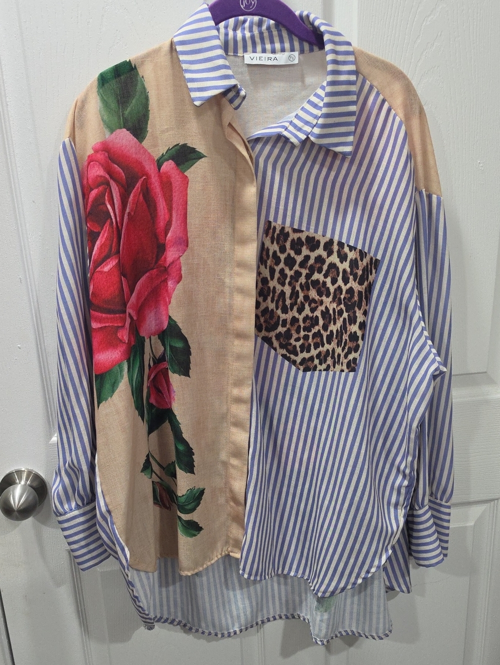 Vieira Mixed-Print Button-Down Shirt in Blue Stripe & Beige Rose